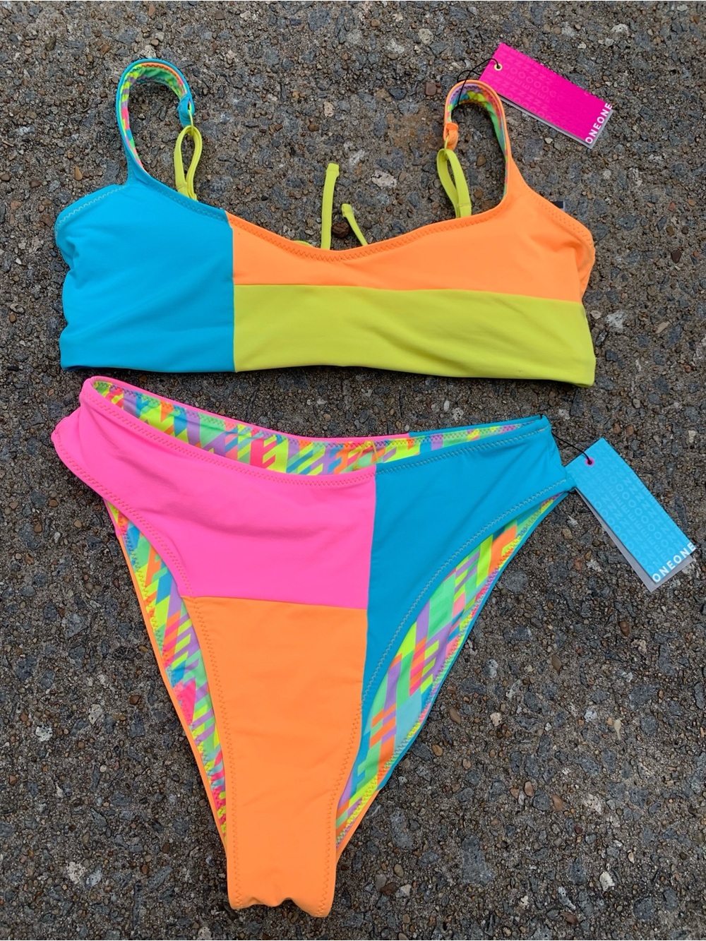 NWT Oneone Colorblock Neon High waisted Bikini Set